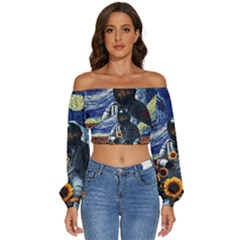 Starry Surreal Psychedelic Astronaut Space Long Sleeve Crinkled Weave Crop Top by Pakjumat