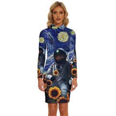 Starry Surreal Psychedelic Astronaut Space Long Sleeve Shirt Collar Bodycon Dress