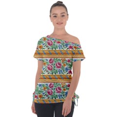 Flower Fabric Design Off Shoulder Tie-up T-shirt