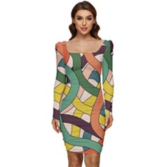 Snake Stripes Intertwined Abstract Women Long Sleeve Ruched Stretch Jersey Dress by Pakjumat