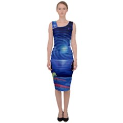 Psychedelic Mushrooms Psicodelia Dream Blue Sleeveless Pencil Dress by Modalart