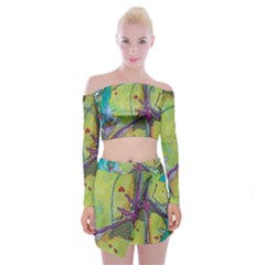 Green Peace Sign Psychedelic Trippy Off Shoulder Top With Mini Skirt Set