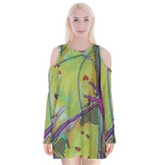 Green Peace Sign Psychedelic Trippy Velvet Long Sleeve Shoulder Cutout Dress