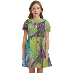 Green Peace Sign Psychedelic Trippy Kids  Bow Tie Puff Sleeve Dress by Modalart