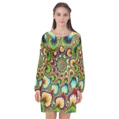 Colorful Psychedelic Fractal Trippy Long Sleeve Chiffon Shift Dress  by Modalart