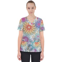 Psychedelic Flowers Yellow Abstract Psicodelia Women s V-neck Scrub Top