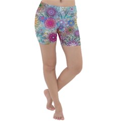 Psychedelic Flowers Yellow Abstract Psicodelia Lightweight Velour Yoga Shorts by Modalart