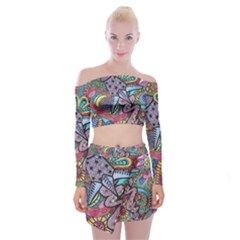 Psychedelic Flower Red Colors Yellow Abstract Psicodelia Off Shoulder Top With Mini Skirt Set