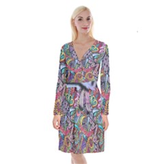 Psychedelic Flower Red Colors Yellow Abstract Psicodelia Long Sleeve Velvet Front Wrap Dress