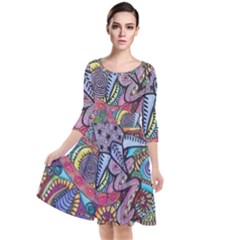 Psychedelic Flower Red Colors Yellow Abstract Psicodelia Quarter Sleeve Waist Band Dress