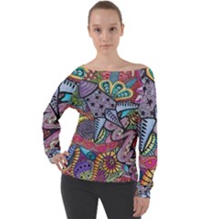 Psychedelic Flower Red Colors Yellow Abstract Psicodelia Off Shoulder Long Sleeve Velour Top by Modalart