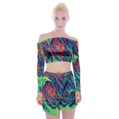 Color Colorful Geoglyser Abstract Holographic Off Shoulder Top With Mini Skirt Set