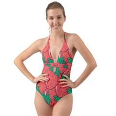 Texture Sweet Strawberry Dessert Food Summer Pattern Halter Cut-out One Piece Swimsuit