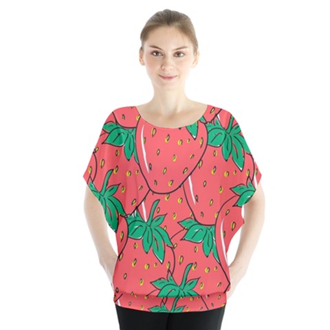 Texture Sweet Strawberry Dessert Food Summer Pattern Batwing Chiffon Blouse by Sarkoni