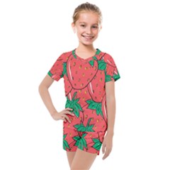 Texture Sweet Strawberry Dessert Food Summer Pattern Kids  Mesh T-shirt And Shorts Set