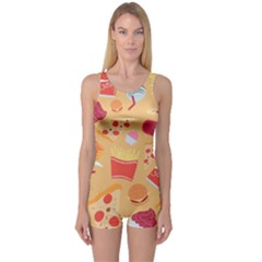 Fast Junk Food  Pizza Burger Cool Soda Pattern One Piece Boyleg Swimsuit