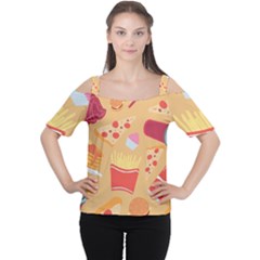 Fast Junk Food  Pizza Burger Cool Soda Pattern Cutout Shoulder T-shirt