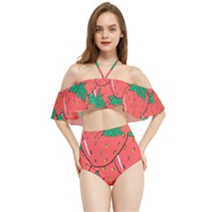 Texture Sweet Strawberry Dessert Food Summer Pattern Halter Flowy Bikini Set  by Sarkoni