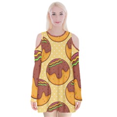 Takoyaki Food Seamless Pattern Velvet Long Sleeve Shoulder Cutout Dress