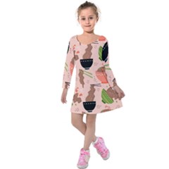 Doodle Yakisoba Seamless Pattern Kids  Long Sleeve Velvet Dress