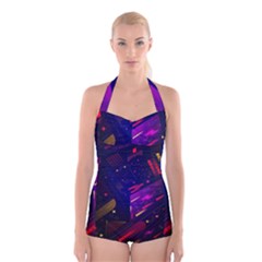 Vector Design Gamming Sytle Retro Art Pattern Boyleg Halter Swimsuit 