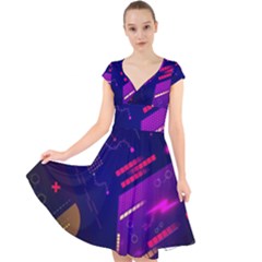 Vector Design Gamming Sytle Retro Art Pattern Cap Sleeve Front Wrap Midi Dress