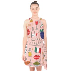Food Pattern Italia Halter Collar Waist Tie Chiffon Dress by Sarkoni