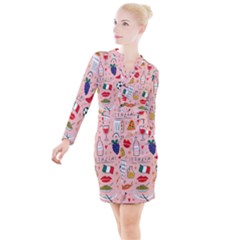 Food Pattern Italia Button Long Sleeve Dress