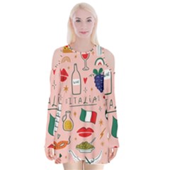 Food Pattern Italia Velvet Long Sleeve Shoulder Cutout Dress