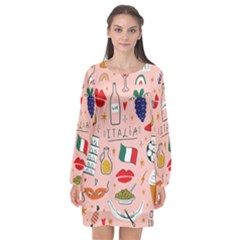 Food Pattern Italia Long Sleeve Chiffon Shift Dress 