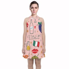 Food Pattern Italia Velvet Halter Neckline Dress 