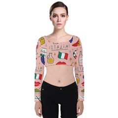 Food Pattern Italia Velvet Long Sleeve Crop Top