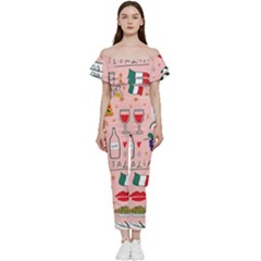 Food Pattern Italia Bardot Ruffle Jumpsuit by Sarkoni