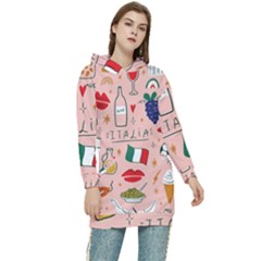 Food Pattern Italia Women s Long Oversized Pullover Hoodie