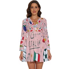 Food Pattern Italia Long Sleeve V-Neck Chiffon Dress 