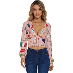 Food Pattern Italia Long Sleeve Deep-V Velour Top