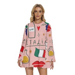 Food Pattern Italia Round Neck Long Sleeve Bohemian Style Chiffon Mini Dress