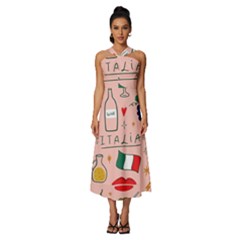 Food Pattern Italia Sleeveless Cross Front Cocktail Midi Chiffon Dress