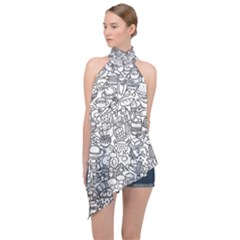 Food Doodle Pattern Halter Asymmetric Satin Top