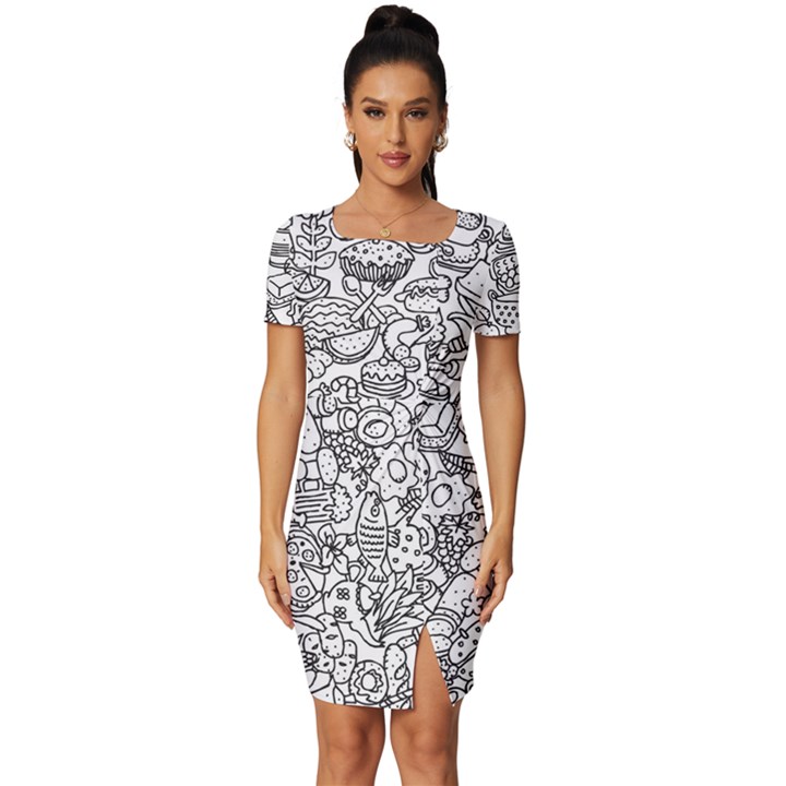 Food Doodle Pattern Fitted Knot Split End Bodycon Dress