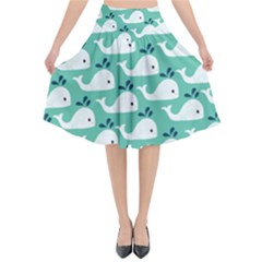 Whale Sea Blue Flared Midi Skirt