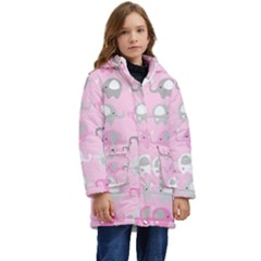 Animals Elephant Pink Cute Kids  Hooded Longline Puffer Jacket