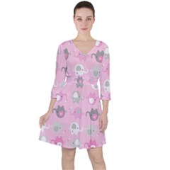 Animals Elephant Pink Cute Quarter Sleeve Ruffle Waist Dress by Dutashop