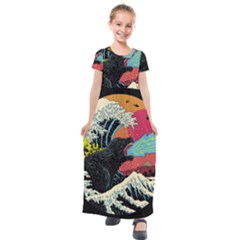 Retro Wave Kaiju Godzilla Japanese Pop Art Style Kids  Short Sleeve Maxi Dress by Modalart