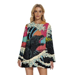 Retro Wave Kaiju Godzilla Japanese Pop Art Style Round Neck Long Sleeve Bohemian Style Chiffon Mini Dress by Modalart