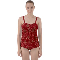 Christmas Texture Pattern Red Craciun Twist Front Tankini Set by Sarkoni