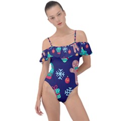 Christmas Texture New Year Background Trees Retro Pattern Frill Detail One Piece Swimsuit by Sarkoni