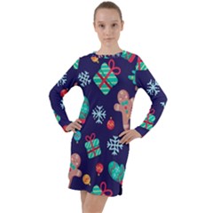 Christmas Texture New Year Background Trees Retro Pattern Long Sleeve Hoodie Dress