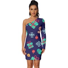 Christmas Texture New Year Background Trees Retro Pattern Long Sleeve One Shoulder Mini Dress