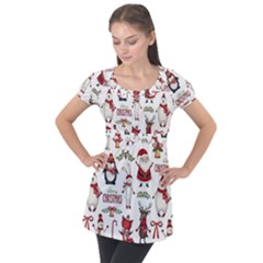 Christmas Characters Pattern Puff Sleeve Tunic Top by Sarkoni